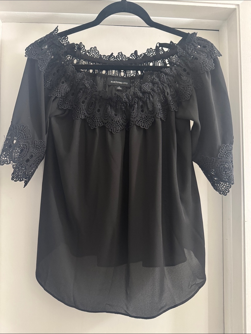 Fortune + Ivy Black Lace-Trim Off-Shoulder Blouse